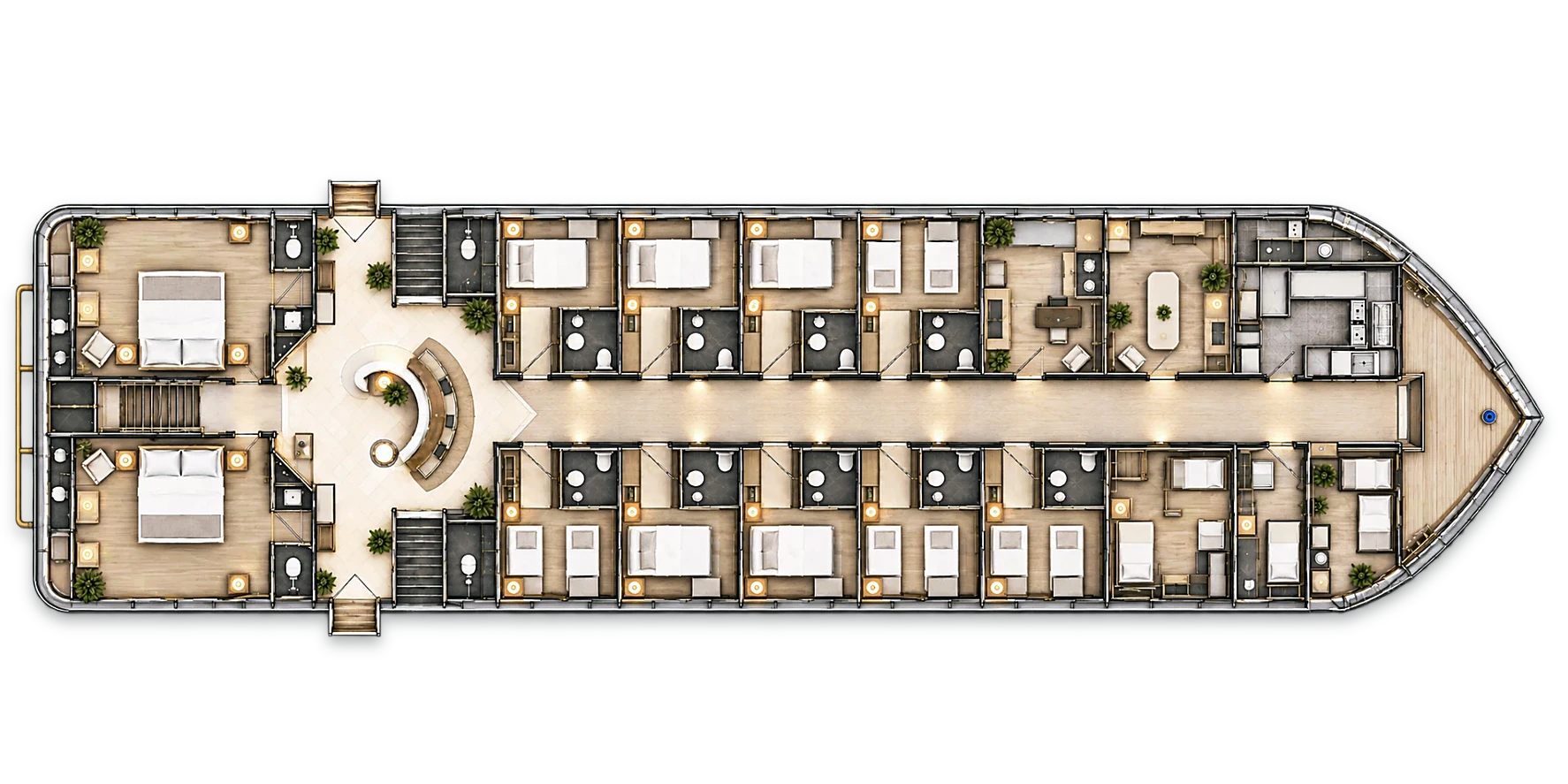 Lower deck with two suites, eight rooms, reception and service areas. Furnished overhead illustration.