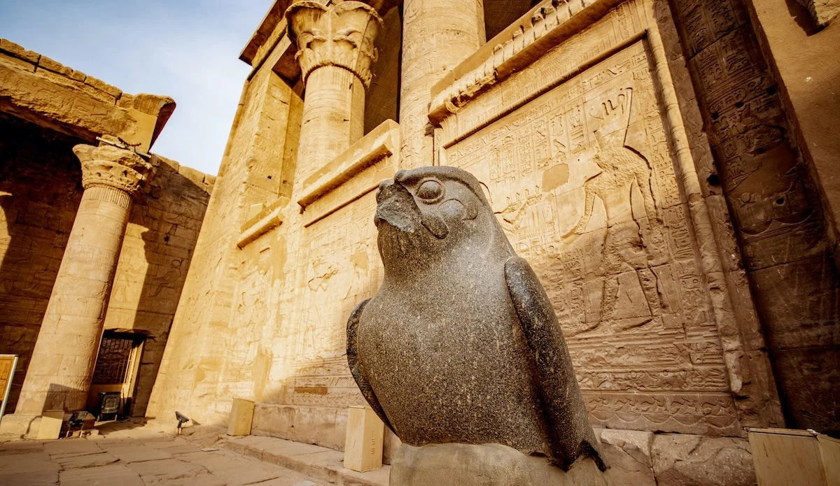 Statue of Horus at Edfu Temple, the falcon headed god standing proudly