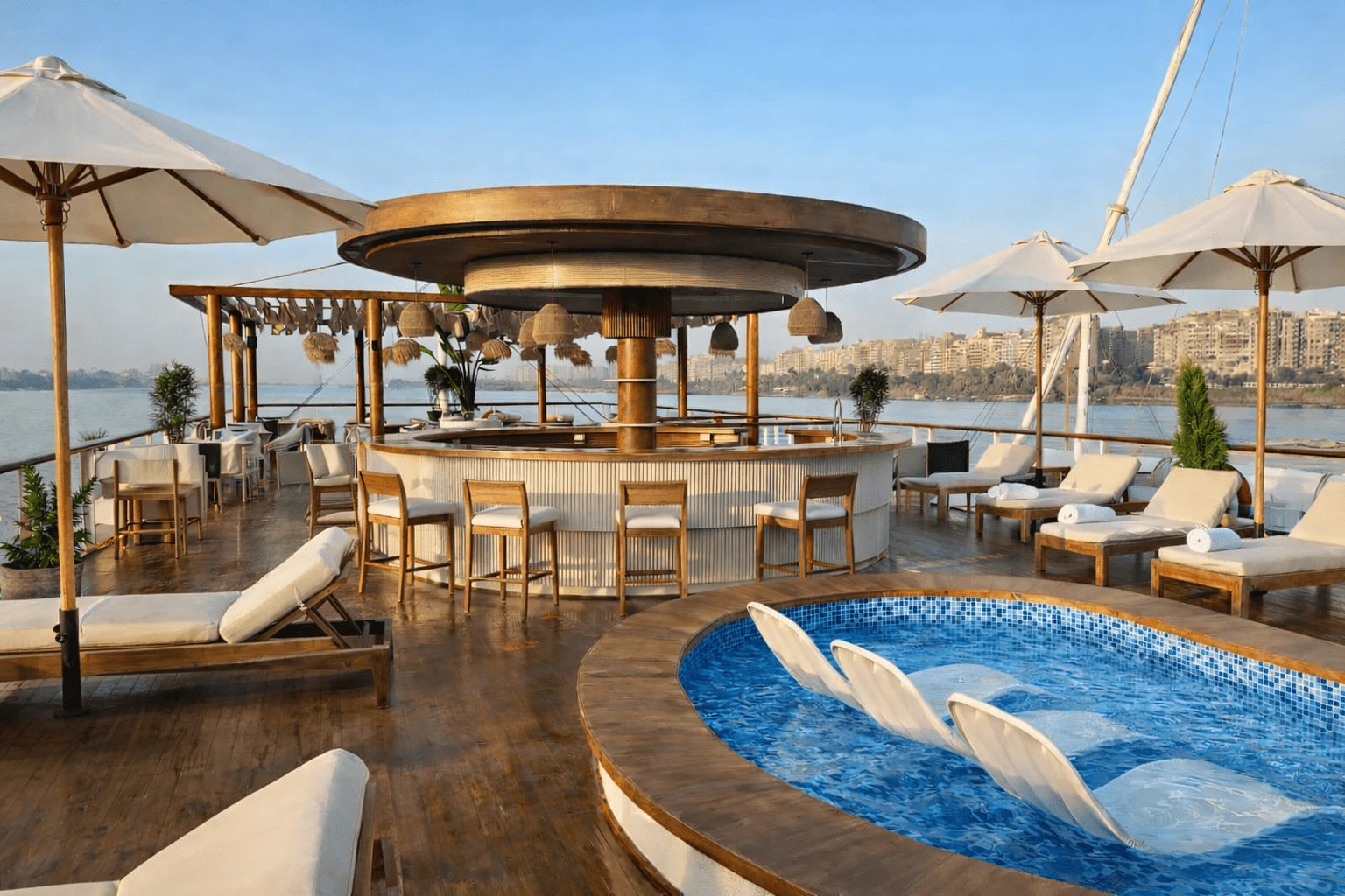 Hathor Luxury Dahabiya sailing the Nile with elegant Small Luxury Nile Cruise Room accommodations